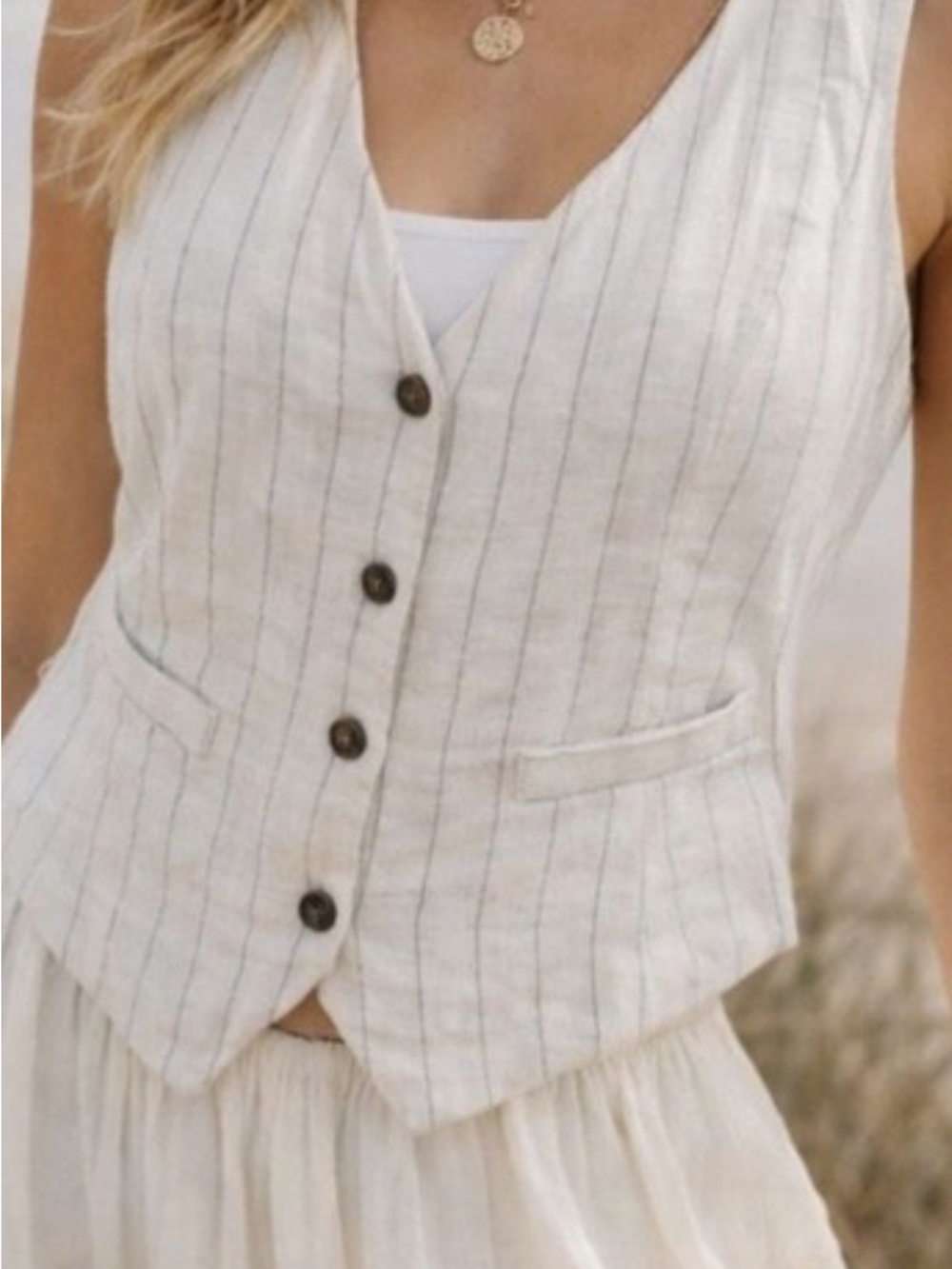 Monteau Cream Pinstripe V-Neck Button Vest